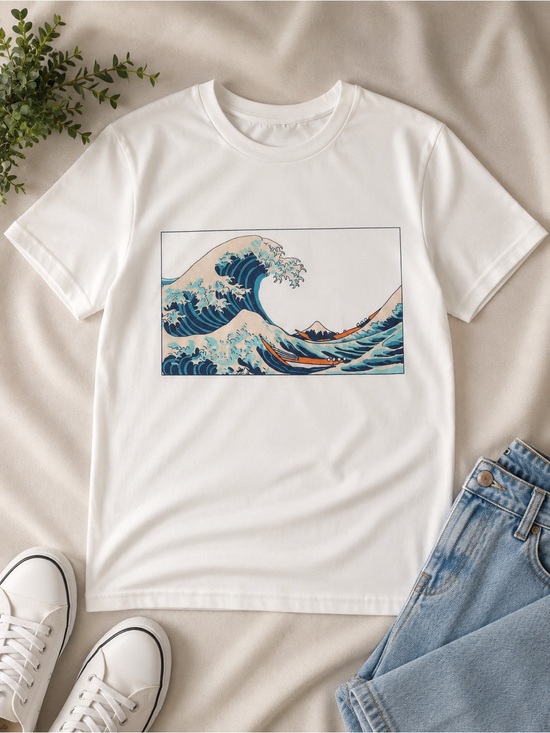 SHEIN Tops - White Graphic Tee with Wave Illustration Size S from SHEIN